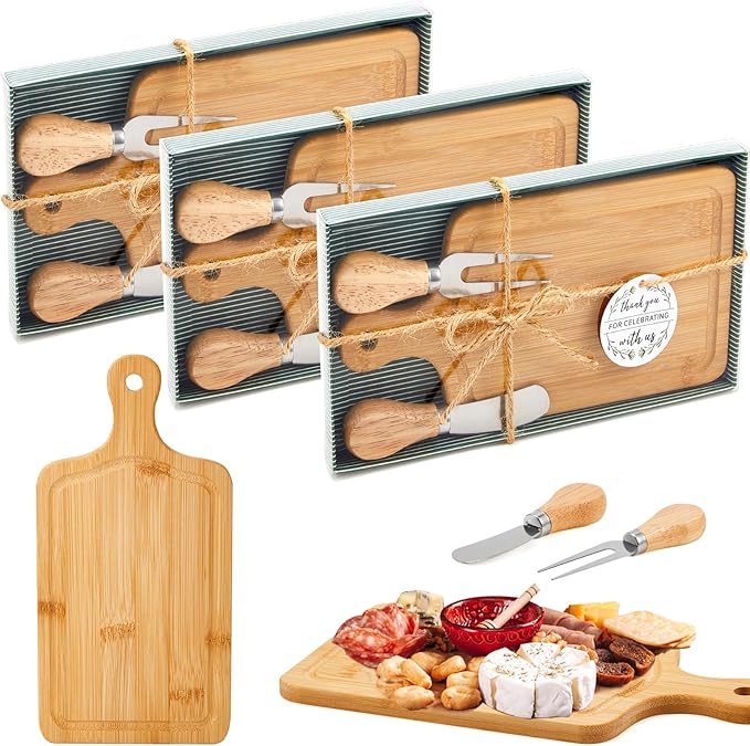 3 Set Bridal Baby Shower Cheese Prizes Wooden Square Board Gift Set Knives Forks Thank You Tags with Box for Guests for Valentines Bridal Baby Shower Housewarming Gifts (Bamboo Color)
