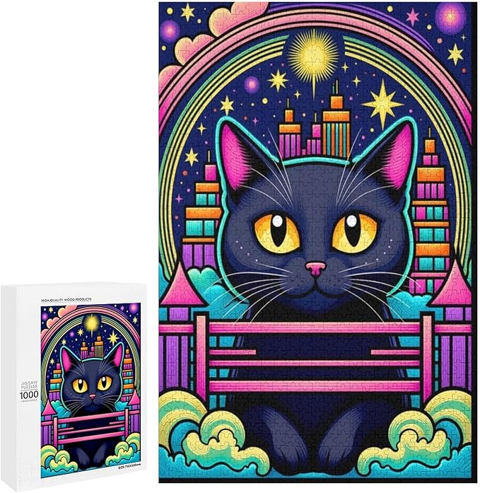 Wooden Puzzle - Dreamy Starry Night Cat Jigsaw Puzzles，Wooden Puzzles for Adults 1000 Pieces Challenge Puzzles，Educational Games，Family Puzzles，Unique Gifts for Wall Art
