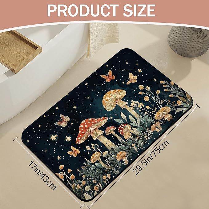 Diatomaceous Earth Bath Mat,Fantasy Mushroom Bath Rugs,Butterfly Stars Non-Slip Thin Absorbent Fast Drying Easy to Clean for Bathroom Laundry Home Kitchen Door Mat 17x29.5Inch