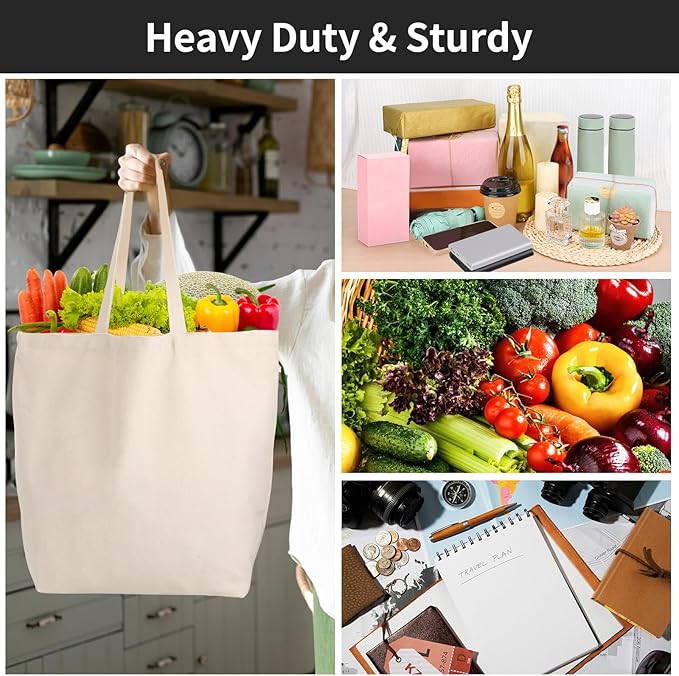 Segarty Canvas Tote Bag with Zipper, 6 PACK 19.7 x 15.7 inch Bags with Handles, 12 Oz Thick Reusable Plain Washable Grocery Shopping Totes for Teacher DIY Art Crafts Painting Decoration