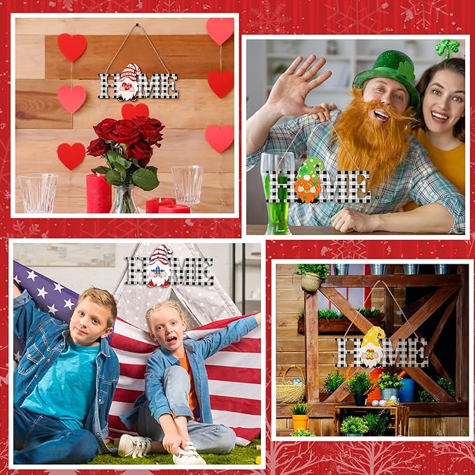 Yookeer 13 Pcs Interchangeable Gnome Home Sign Wood 3D Christmas Winter Seasonal Door Decor Rustic Farmhouse Home Decoration for Holiday Wall Decor Gift(Black and White)