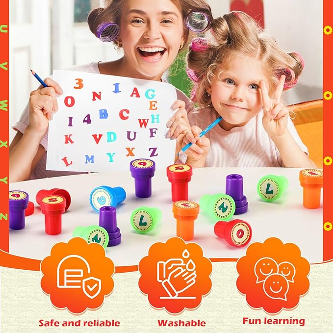 72 Pcs Number and Alphabet Stamps for Kids Letter Stamps for Kids Self Inking ABC for Boys and Girls, Classroom Rewards, Birthday Party Supplies