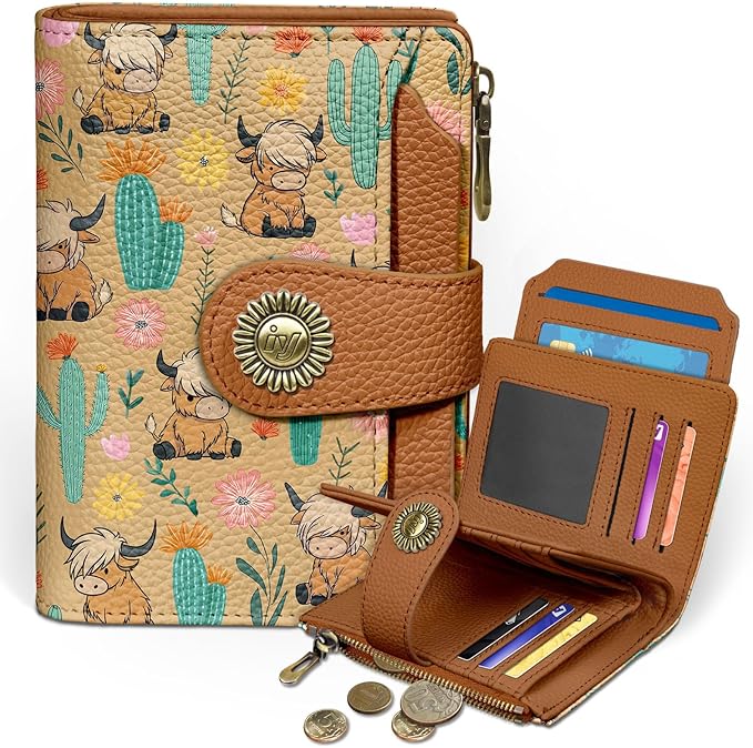 Highland Cow Small Wallet Women RFID Blocking Bifold, Cute Credit Card Holder, Zipper Coin Pocket, PU Leather, Compact, Travel, 4 ID Window, 14 Card Slots, Western, Cash Purse, Ladies Woman