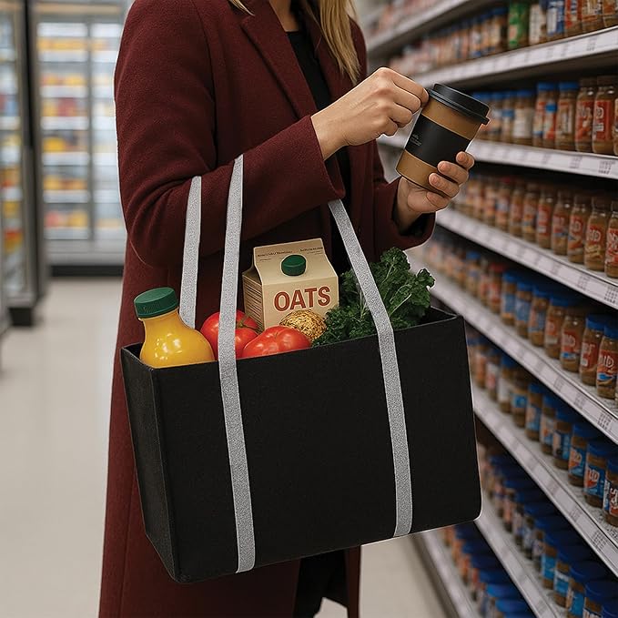 CRAFTYLINES Eco-Friendly Reusable Grocery Bags RECYCLED FROM 30 PLASTIC BOTTLES | Heavy-Duty Shopping Bags with Long Handles | Large Tote Bags, Foldable Organizer & Carry Basket For Kitchen (3 Pack)