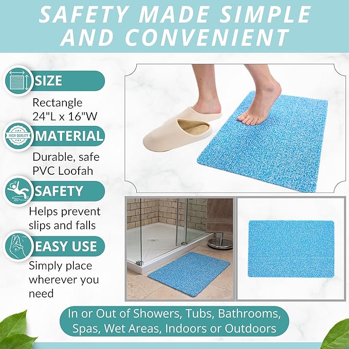 ENKOSI Loofah Non-Slip Shower and Bath Mat - Soft Cushioned Comfort - No Suction Cups for Smooth or Textured Tubs - Fast Draining - Safety for Bathroom, Family, Kids, and Elderly (24x16 Aqua Blue)