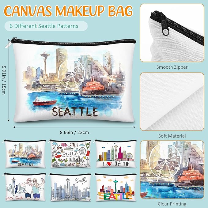 Reginary 6 Pcs City Cosmetic Bag Souvenir Gifts New York Zipper Pouch Chicago Souvenir Seattle Boston Nashville London Paris Italy Alaska Gifts Memento for Women Traveler(Seattle)