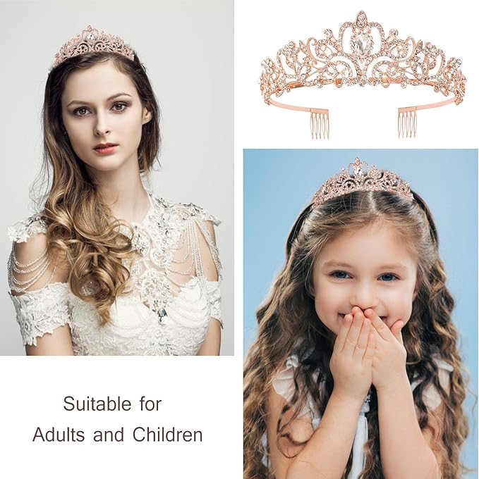 Rose Gold Tiara Crown for Women - Happy Birthday Flower Crown Sash, Party Favors Supplies, Cake Toppers, Gifts for Women, Halloween Cosplay
