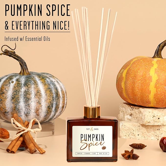 Pumpkin Spice Reed Diffuser, Fall Reed Diffuser Set - Infused w/Essential Oils I Pumpkin Diffuser I Stick Oil Reed Diffusers for Home, 5.75 OZ, Scent Lasts 4-6 Month's, Made in The USA