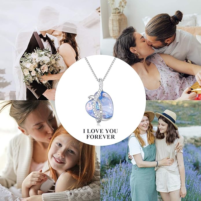 AOBOCO I Love You Sterling Silver 12 Birthstone Heart Pendant Necklace Embellished with Crystals from Austria, Mother's Day Anniversary Birthday Jewelry Christmas Gifts for Women Grandma Nana