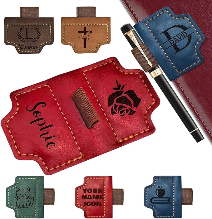 Custom Magnetic Leather Bookmark with Pen Holder, Personalized Name Book Marks Engraved Text for Reading Women Men Kids Book Lovers Gifts Travelers Notebook Accessories