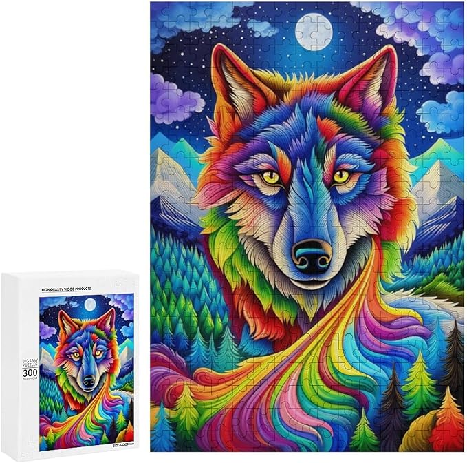Wooden Puzzle - Colorful Wolf Jigsaw Puzzles，Wooden Puzzles for Adults 300 Pieces Challenge Puzzles，Educational Games，Family Puzzles，Unique Gifts for Wall Art,Funnny Puzzles