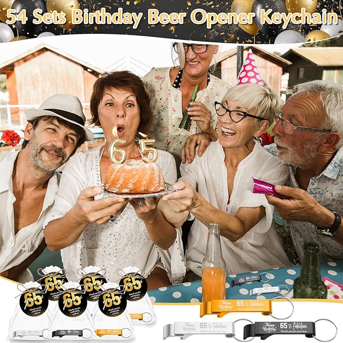 Dandat 54 Sets 65th Birthday Party Favors for Guests Birthday Beer Opener Keychain Cheers to 65 Bottle Opener Keychain with Thank You Cards and Gift Bags for Anniversary Wedding Party Favors