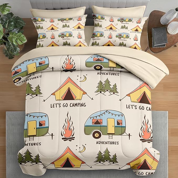 Comforter Set Twin Size, Summer Camp Camper 5 Pcs Bedding for Kids and Adults, Camping Adventure Bed Sheet Sets with Fitted Sheet Pillowcase & Sham for Bedroom Bed Decor