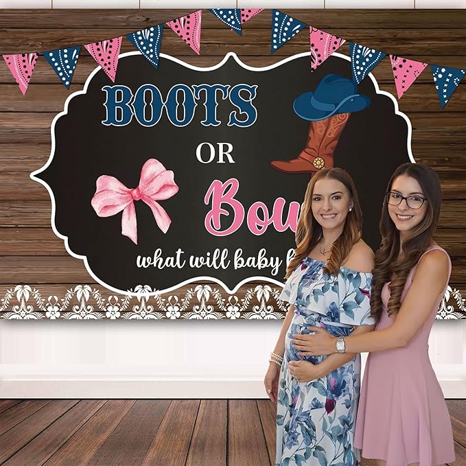 Western Cowboy Boots or Bows Gender Reveal Backdrop for Boy or Girl 7x5Ft Baby Shower Newborn Party Banner Photo Background Party Decoration Supplies Polyester Fabric Reusable