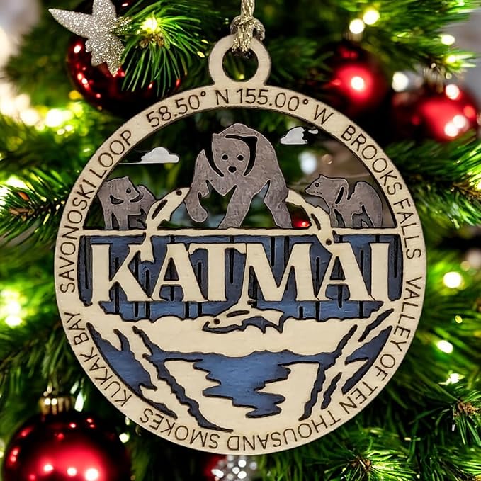 Katmai National Park Handcrafted Wood Ornament - 3" Bear Scene Christmas Decoration, Laser Cut in USA