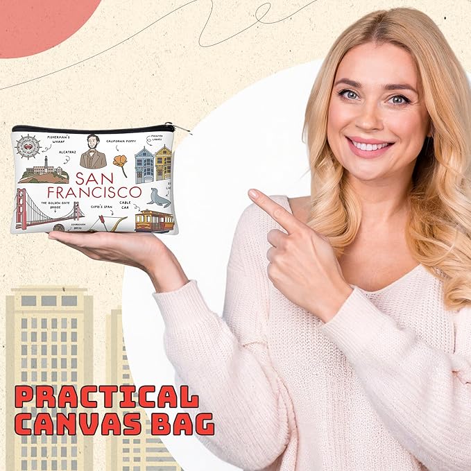 Reginary 6 Pcs City Cosmetic Bag Souvenir Gifts New York Zipper Pouch Chicago Souvenir Seattle Boston Nashville London Paris Italy Alaska Gifts Memento for Women Traveler (San Francisco)