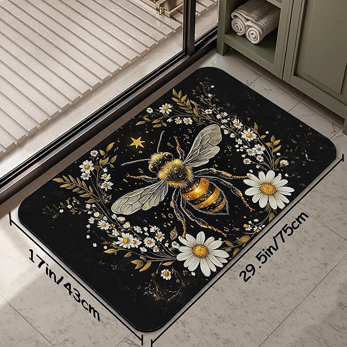 Vintage Bee Flowers Bathroom Rug 29.5"x17", Super Absorbent Fast Drying Bath Mat with Non-Slip Rubber Backing, Thin Low-Profile Easy-Clean Bathroom Floor Mat for Shower or Tub