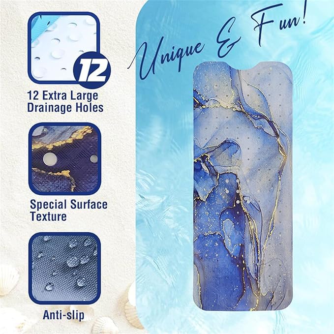 Blue Bathtub Mat Non Slip Marble Gold Line Extra Long Bath Mat for Tub Abstract Art Anti Slip Shower Mat for Bathroom with Large Drain Holes and Suction Cups Quality Bath Mats and Bathtub Decor 40x16