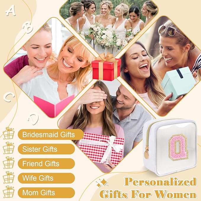 Personalized Initial Letter Clear Preppy Makeup Bag,Mini Nylon Chenille Letter Cosmetic Bag Cute Zipper Pouch Purse for Teen Girls,Portable TSA Approved Beach Travel Essentials Bag Gift for Women,Q