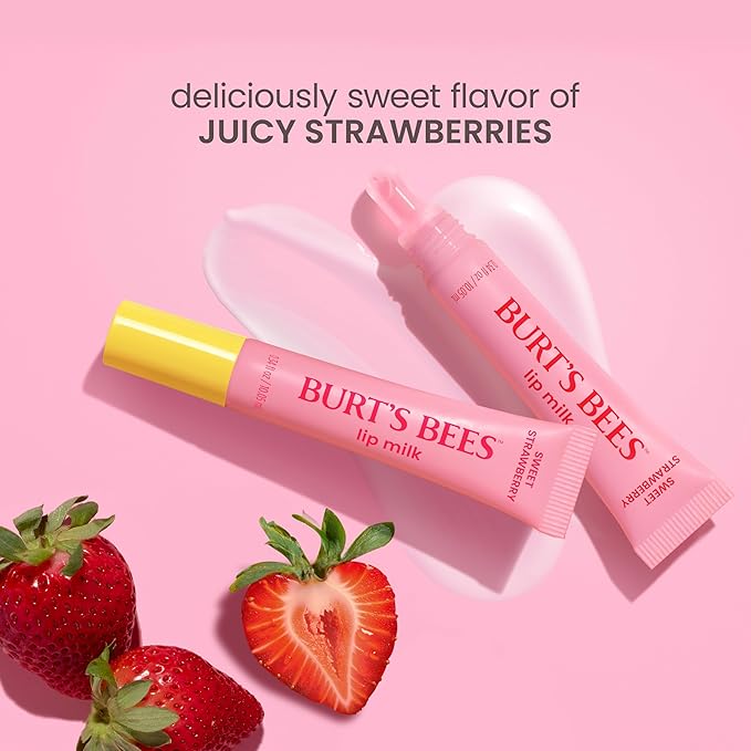 Burt’s Bees Stocking Stuffers, Lip Milk, Daily Lip Moisturizer, Sweet Strawberry, Vitamin Enriched Moisturizing Lip Balm with Almond Milk and Jojoba Oil, Hydrating for Softer Lips, 1 Tube, 0.34 Fl Oz