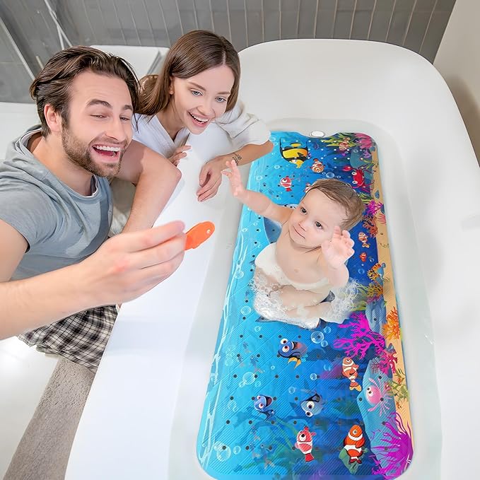 XIYUNTE Baby Bath Mat for Tub Non Slip Kids Bath Mat - 40''x16'' Extra Long Cartoon Shark Baby Bath Tub Mat Eco-Friendly Toddler Bath Mats with Suction Cups & Drain Holes, Easy to Clean & Easy Drying