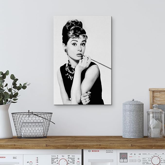 wall26 Canvas Print Wall Art Audrey Hepburn Black & White Classic Portrait Celebrities Pop Culture Photography Realism Vintage Retro Antique Decorative Duotone for Bedroom - 24"x36"