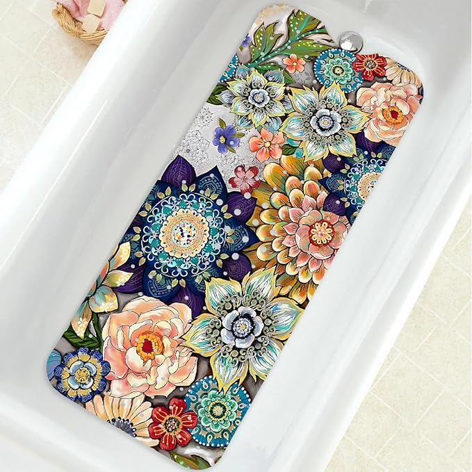 Bathtub Mat Non Slip, Bohemia Extra Long Bath tub Mat Shower Floor Mat with Suction Cups and Drain Holes for Adults Kids Elderly 40 X 16 Inch