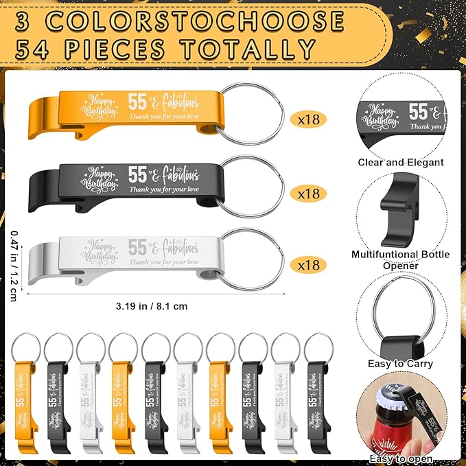 Dandat 54 Sets 55th Birthday Party Favors for Guests Birthday Beer Opener Keychain Cheers to 55 Bottle Opener Keychain with Thank You Cards and Gift Bags for Anniversary Wedding Party Favors