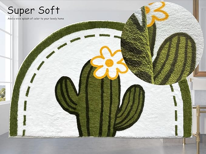 Washable Cute Bath Mat for Bathroom,31x20 Half Circle Non-Slip Small Thin Soft Bath Rugs, Absorbent Water Quick Dry Bath mats, Plush Carpet for Bathtub, Boho Farmhouse Decor (Green Cactus)