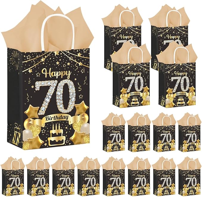 50Pcs 70th Birthday Party Favors Gift Bags Bulk, Black and Gold Happy 70th Gift Candy Wrap Bags with Tissue Paper, Vintage 70th Birthday Decorations Souvenir Bag for Men Women Anniversary Supplies (70th)