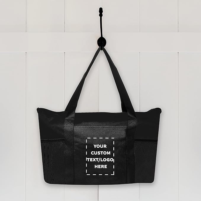 DISCOUNT PROMOS 100 Zippered Non-Woven Tote Bags Set - Customizable Text, Logo - Mesh Pocket, Zippered, Recyclable, Reusable - Black - 19"X14"X3", with Zipper