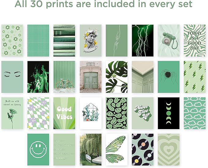 HAUS AND HUES Sage Green Wall Decor - Green Wall Art Aesthetic Posters for Wall Collage, Aesthetic Collage Kit Sage Wall Decor (4" x 6", Set of 30)