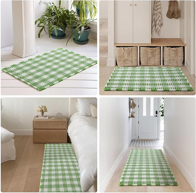 Waffle Runner Rug Bathroom, Long Boho Bathroom Rugs Non Slip Washable Absorbent Checkered Bathroom Mat Quick Dry Cute Bath Mat, 72"x24" Green and White