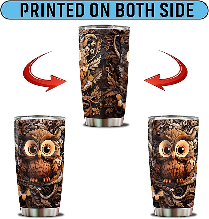 Owls Gifts for Women Girl 20oz Stainless Steel Insulated Tumbler Owl Wood Drawing Coffee Travel Mug Cup Water Bottle Gift for Her Mom Wife Daughter Birthday Christmas