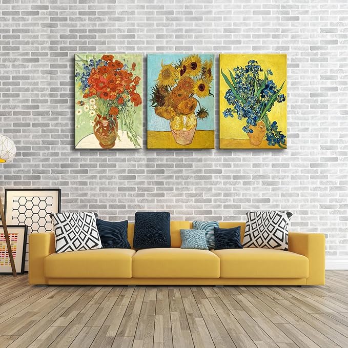 Wieco Art Large 3 Panels Canvas Prints of Vincent Van Gogh Paintings Reproduction Red Poppies and Daisies Sunflower Irises in Vase Canvas Wall Art for Living Room Home Office Decor