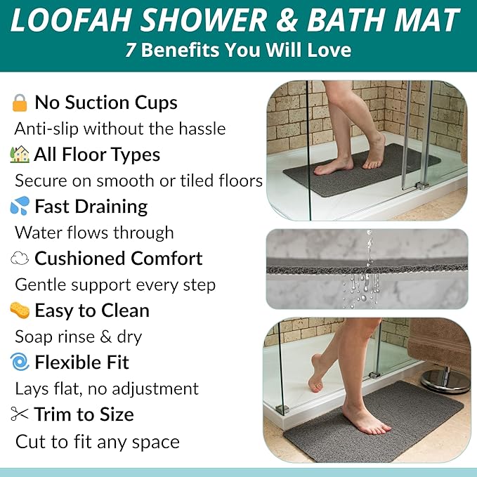 Non Slip Bathtub Mat Shower Mat for Tub - Loofah Bath Mats for Bathroom - 31x16 Bathtub Floor Mat - Textured Anti Slip Bath Mat Without Suction Cups - Secure Mat for Wet Areas (31x16 Gray)