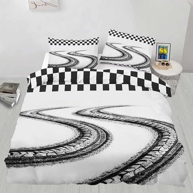Racing Tire Track Duvet Cover California King Black White Checkered Flag Bedding Set Motorsport Checkered Flag Comforter Set Sporty Motorsport Duvet Cover with Zipper Ties for Bedroom