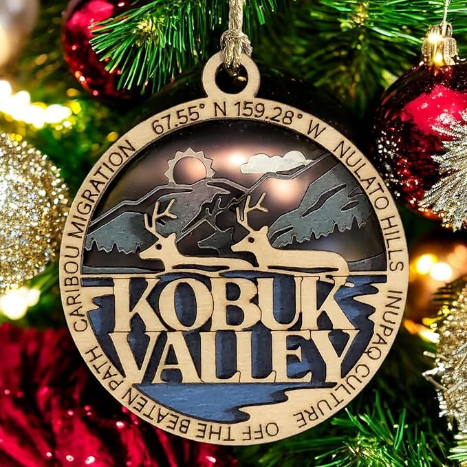 Kobuk Valley National Park Ornament - Handcrafted Wood Caribou Scene, Alaska Christmas Décor