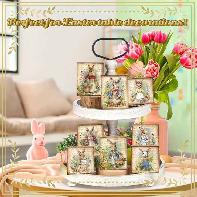 Wenqik 8 Pcs Vintage Easter Decorations Retro Bunny Egg Wooden Sign Easter Table Centerpiece Rustic Ornaments Tiered Tray Decor Sign for Spring Home Tabletop Fireplace Decorations Supplies, 8 Styles