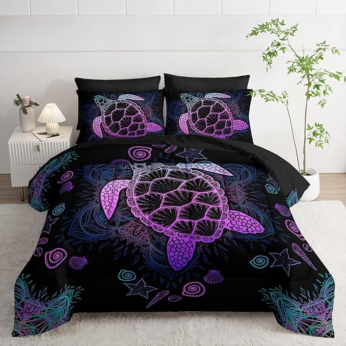 Sea Turtle Comforter Set (7 Piece) - Twin/Queen Size, Black Bedding, Teal Purple Ocean Theme, Soft Microfiber, Sheets Included