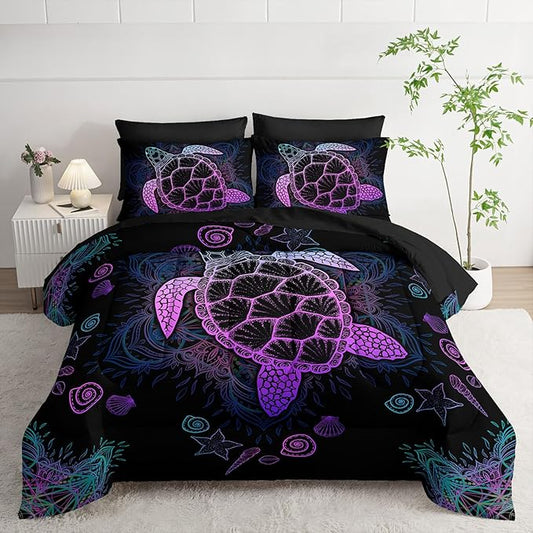 Sea Turtle Comforter Set (7 Piece) - Twin/Queen Size, Black Bedding, Teal Purple Ocean Theme, Soft Microfiber, Sheets Included