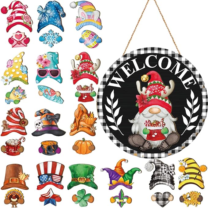 Qunclay Interchangeable Wooden Gnome Decor Holiday Seasonal Gnome Decorations with Magnet Pieces and Detachable Hats Changeable Welcome Sign for Home (Black Watercolor)
