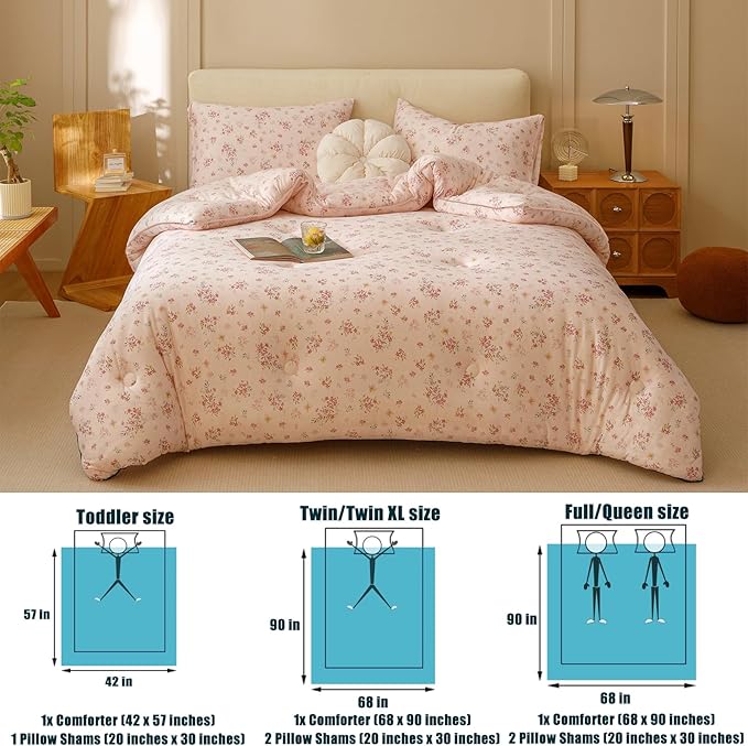 3PCS Comforter Set Queen Size, Ultra Soft Marshmallow Fluffy Comforter Bed Sets, Cute Bedding Set for Kids Girls Teen, Microfiber Lightweight All Seasons Bedroom (Pink Petals)