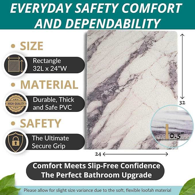 Enkosi Loofah Non-Slip Shower Mat - Shower Floors, Bathtub, Bathrooms, Wet Areas - Cushioned Bath Mat with Drain Holes - Quick Dry PVC, Secure Safety Pad Without Suction Cups (Marble Grey 32x24)