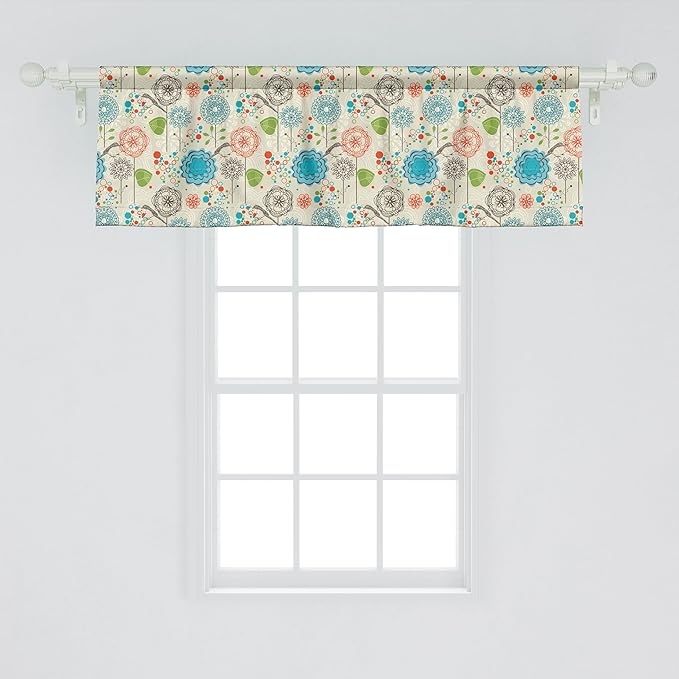 Ambesonne Floral Window Valance Pack of 2, Retro Doodle Flower Field Dandelions Daisy Birds Circles Cheerful Image, Rod Pocket Curtain Valances for Kitchen Bedroom, 54" X 18", Deep Sky Blue