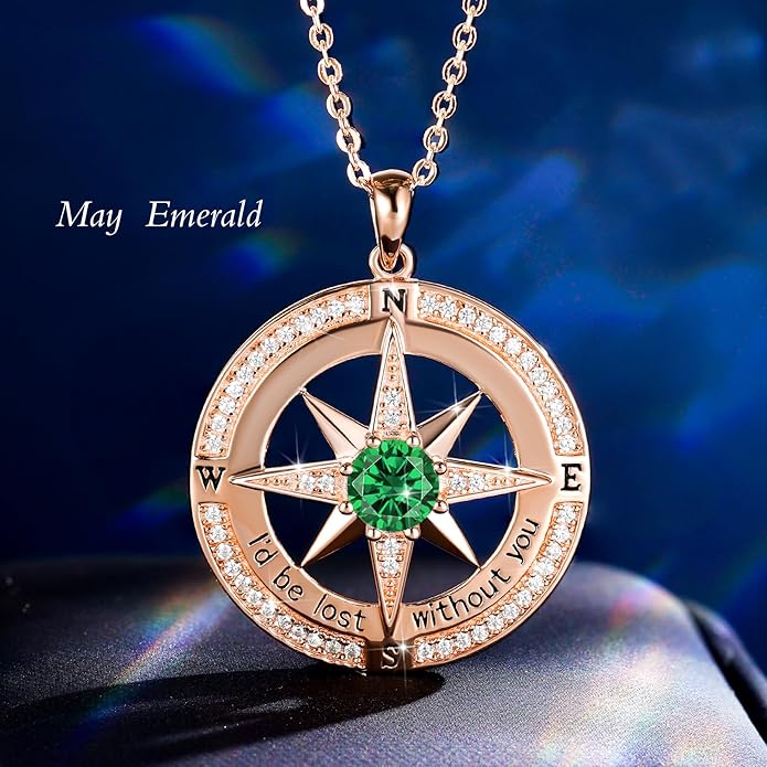 S925 Necklace Birthstone Compass Gift for Women Jewelry Sterling Silver Necklace for Wife Wedding Anniversary Girlfriend Birthday Gifts for Her Valentines Day Mom Mothers Day