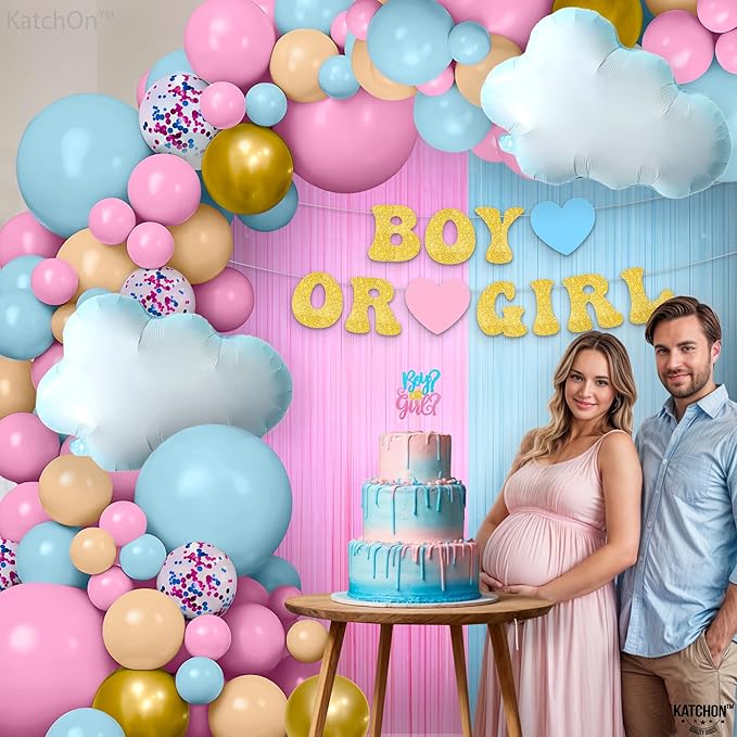 KatchOn, Gender Reveal Decorations Set - Huge, Pack of 85 | Gender Reveal Balloon Arch Kit | Pink and Blue Streamers | Boy or Girl Baby Shower Decorations | Boy Or Girl Banner, White Cloud Balloons