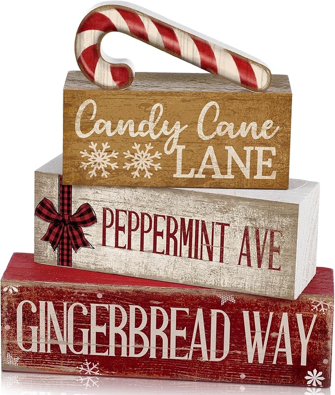 4 Pcs Christmas Table Decor Wooden Candy Cane Decoration Christmas Centerpiece Winter Tiered Tray Decor Red and White Stripes Candy Cane Block Signs Gift Farmhouse Xmas Decoration for Kitchen