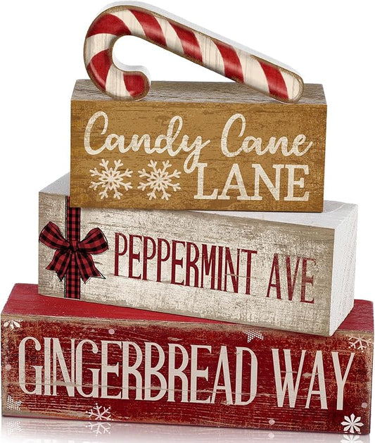 4 Pcs Christmas Table Decor Wooden Candy Cane Decoration Christmas Centerpiece Winter Tiered Tray Decor Red and White Stripes Candy Cane Block Signs Gift Farmhouse Xmas Decoration for Kitchen