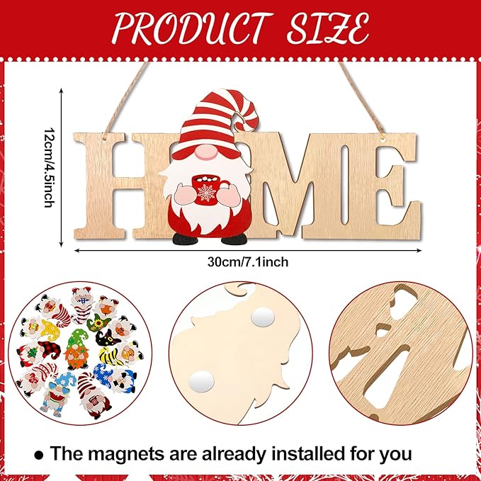 Yookeer 13 Pcs Interchangeable Gnome Home Sign Wood 3D Christmas Winter Seasonal Door Decor Rustic Farmhouse Home Decoration for Holiday Wall Decor Gift(Wood Color)